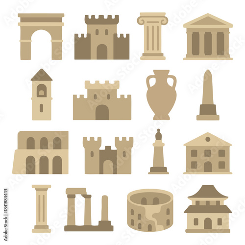 Iconic Monuments: A collection of meticulously crafted, flat-design icons showcasing iconic historical monuments. Including the Arc de Triomphe, ancient castle, column.
