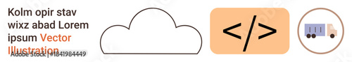 Cloud computing, technology integration, web development, logistics, e-commerce, data storage. Features cloud illustration, coding symbol and a delivery truck icon. Cloud computing and technology