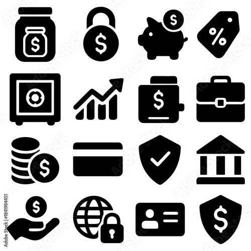 Financial Icons in Black: A collection of various financial icons, designed in a sleek black, covering concepts of savings, investment, security, and the banking industry.