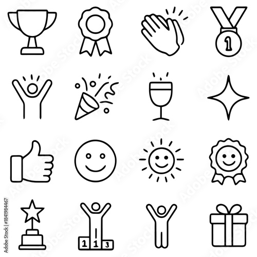 Icons of Triumph: A curated collection of icons symbolizing achievement, recognition, and celebration, designed in a sleek and modern style. 