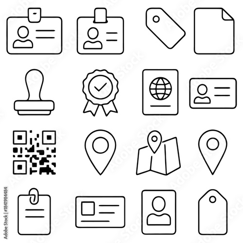 Identity elements collection: A meticulously curated array of identity and documentation elements, presented with clean lines and sharp precision for graphic designs.