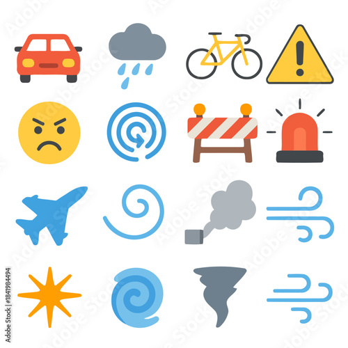Weather Warning: A set of colorful illustrations depicts a range of weather conditions and potential hazards. Including a car, rain cloud, bicycle, warning sign, angry face, target, barricade, siren.