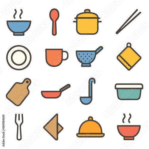 Culinary Essentials: An assortment of essential cooking tools. Illustrated icons of tableware and kitchen utensils for culinary adventures.
