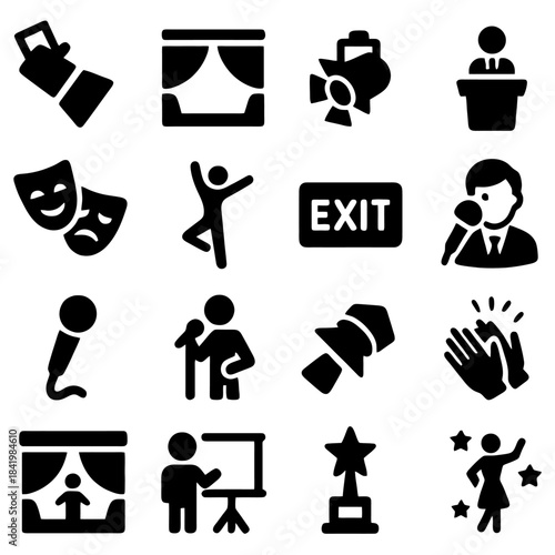 Theater Elements Icons: A collection of theater and performing arts elements, perfect for design and presentation needs. Featuring a diverse range of symbols like spotlight, curtain, microphone.