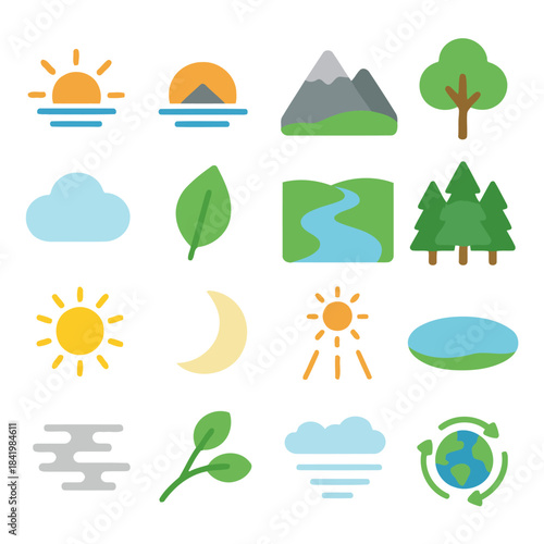 Nature Icons Set: A colorful array of nature icons including sunshine, mountains, tree, cloud and water,leaf illustrating various elements of the natural world.