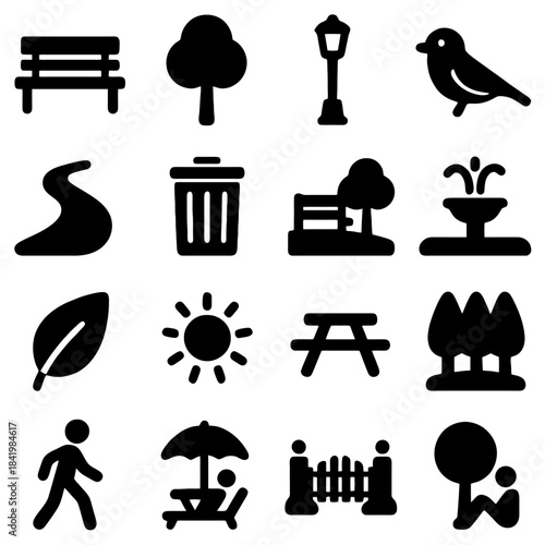 Park Icon Set: An array of detailed icons representing elements found in a park, from benches to trees, and birds, showcasing the essence of outdoor recreation and natural serenity.