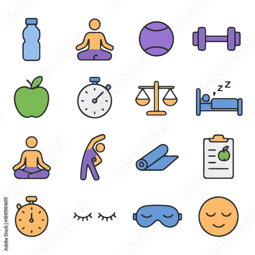 Wellness Icon Collection: A comprehensive set of wellness icons illustrates diverse elements of a healthy lifestyle