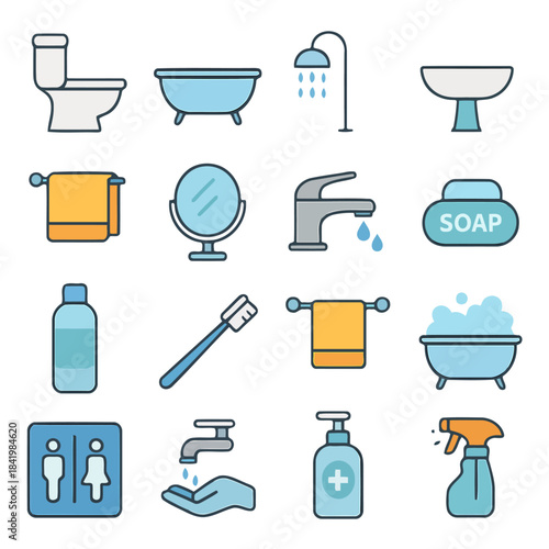 Bathroom Essentials Icon Set: A neatly arranged collection of bathroom icons featuring essentials for hygiene and comfort.