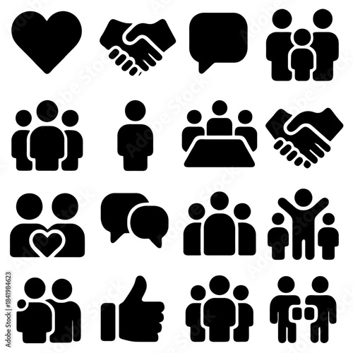 Social Connection Icon Set: An assortment of modern, elegant black and white icons that beautifully symbolize elements such as relationship, cooperation, and group interaction.