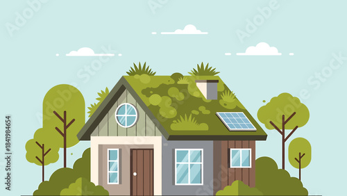 Eco-Friendly House with Green Roof and Solar Panel Illustration.