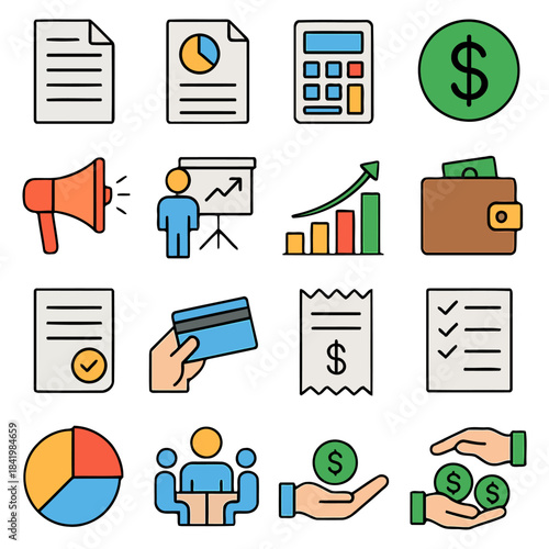 Financial Icons: A vibrant assortment of financial icons, symbolizing various aspects of business, economics, and monetary transactions.
