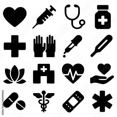 Health and Wellness Essentials: A collection of meticulously crafted icons embodies the essence of health and wellness, a visual symphony of tools and symbols vital to healthcare and well-being.
