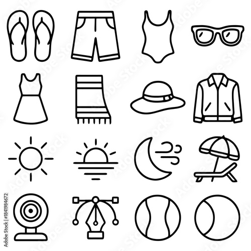 Summer Essentials Icons: A collection of simple, minimalistic line icons that perfectly capture the essence of summer, including sunglasses, sun, clothing, accessories. 