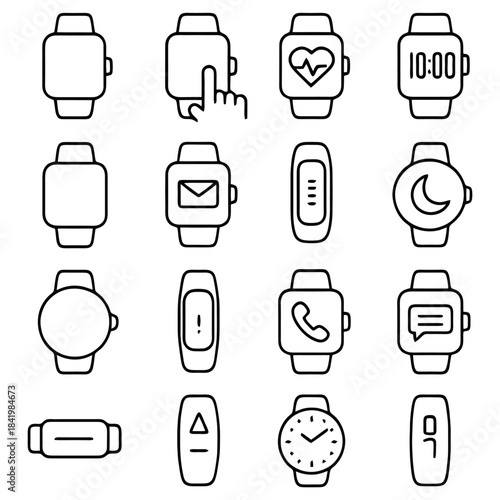 Smartwatch Icons: A collection of meticulously crafted, minimalist icons showcases the sleek designs and diverse functionalities of the smartwatch.