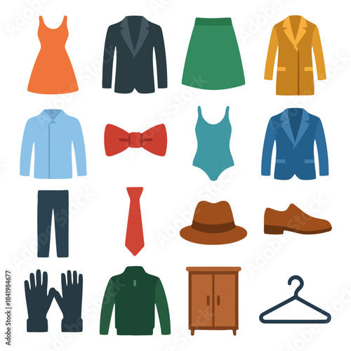 Assortment of Attire: A diverse array of stylish garments, including elegant dresses, tailored jackets, and essential accessories, showcased in a vibrant and orderly arrangement. 