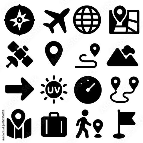 Essential Travel Icons: A collection of meticulously crafted travel icons, designed to symbolize the various facets of exploration and navigation. This selection features a compass, airplane, globe.
