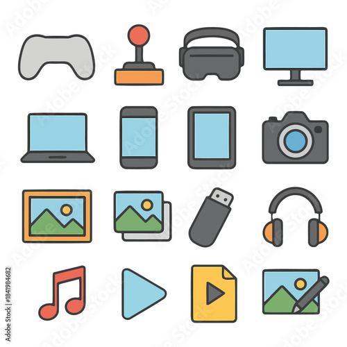 Digital Tools and Media Icons: A vibrant collection of modern media and digital device icons, offering a glimpse into the digital world. These icons are the visual language of the digital era.