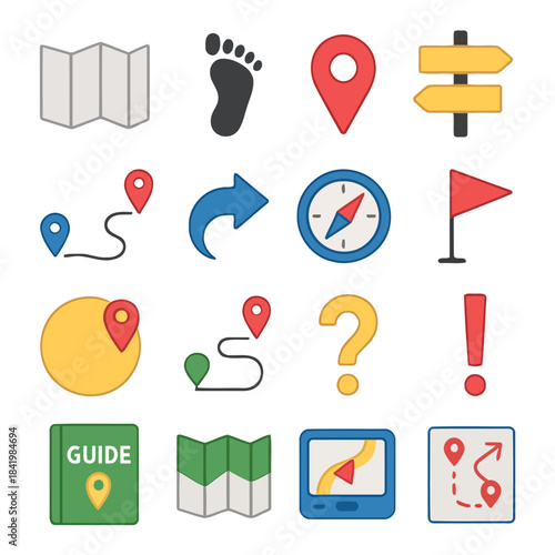 Navigational Icons: A collection of vibrant and easily recognizable icons, representing the essential elements of navigation and exploration, perfect for illustrating direction, location.