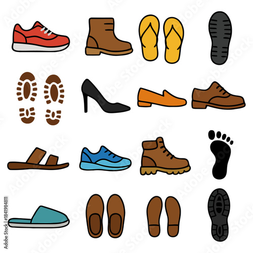 Assortment of Footwear: An illustration showcasing a variety of shoes, sandals, and footprints, catering to different styles and needs. Perfect for fashion, footwear, or lifestyle concepts. 