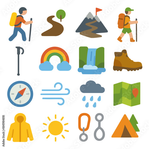 Icons of Adventure: Set of vibrant illustrations related to adventure and outdoor activities. Featuring icons of hiking, mountains, weather elements and camping gear.