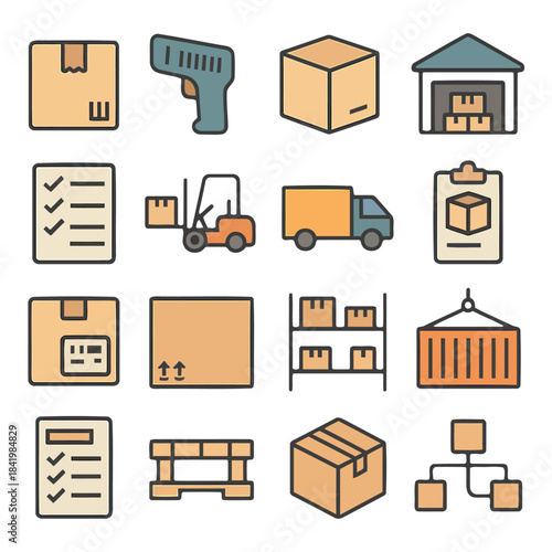 Logistics and Inventory Icons: A comprehensive set of illustrative icons representing various aspects of logistics and inventory management. Designed in a flat style.