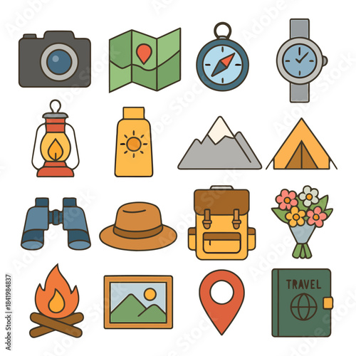 Adventure Essentials: A vibrant collection of travel icons, each carefully crafted to represent the essential elements of an unforgettable journey, evokes a sense of exploration and discovery.