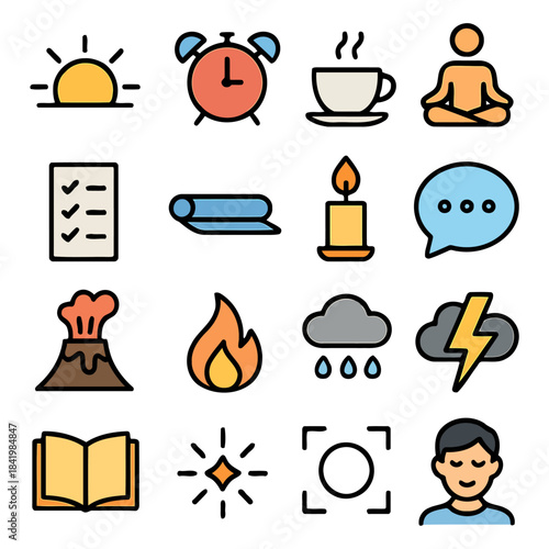 Daily Life Symbol Set: A comprehensive collection of iconic symbols representing elements of everyday life, from sunrise to mindfulness. It is a visually appealing.