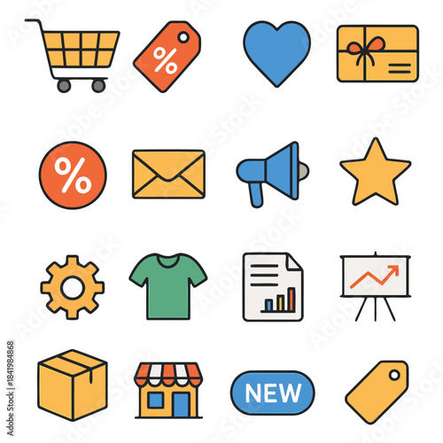 Digital Commerce Icons: A vibrant collection of digital commerce icons, meticulously crafted to visually represent various aspects of online shopping, communication, and business activity.