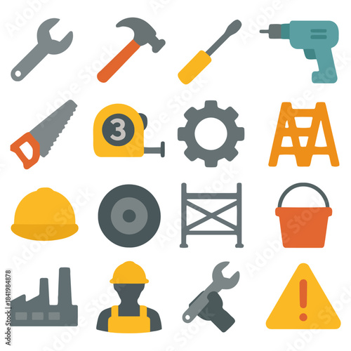 Essential Tools of the Trade: A vibrant collection of tools and equipment, essential for construction, DIY projects, and industrial work. Each item meticulously arranged.