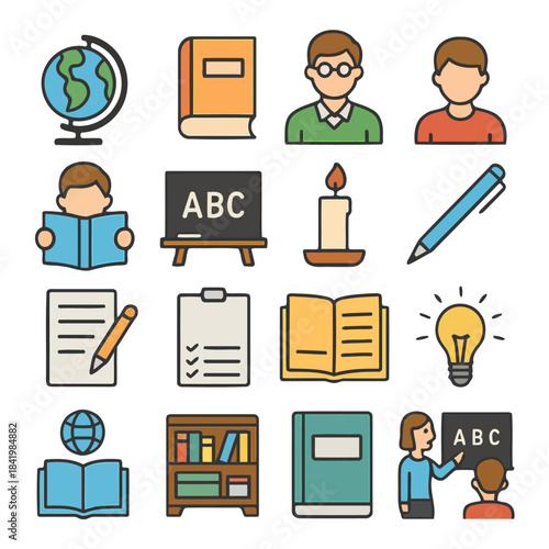 Education Icons: A collection of vibrant icons representing elements of education, including books, globes, a chalkboard, and a teacher, symbolizing the pursuit of knowledge.