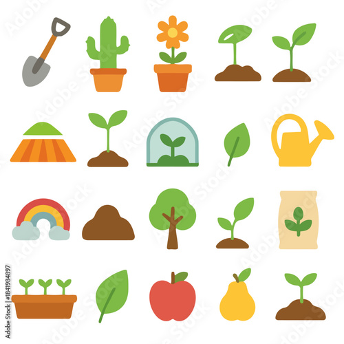 Growing Garden Essentials: A colorful, whimsical illustration of garden elements, showcasing the tools and the building blocks needed to cultivate growth and natural beauty.