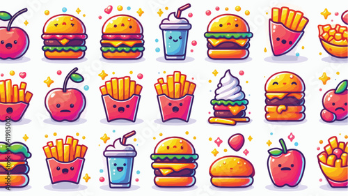 Cute Kawaii Fast Food and Drink Icons Set with Smiling Characters eps format