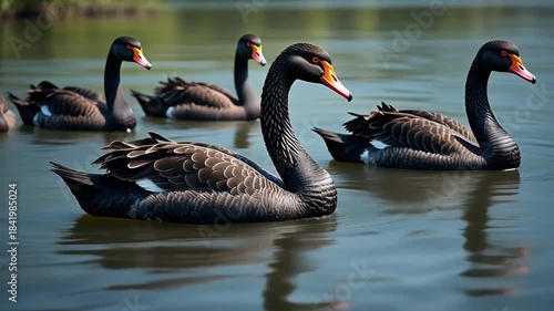 Group of black swans swimming gracefully, mp4 video. AI