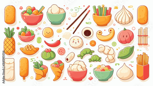 Cute Asian Food and Snack Icon Set with Dumplings, Noodles, Fruits, and Street Food eps 