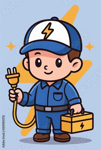 Cute Electrician Cartoon Holding Yellow Plug and Toolkit