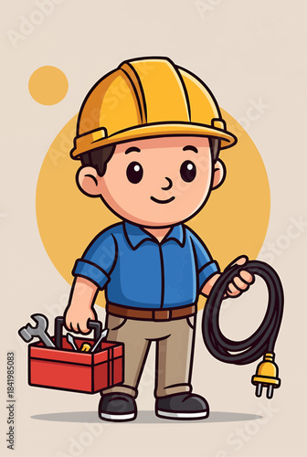 Cartoon Mascot of Electrician Holding Cable and Toolbox
