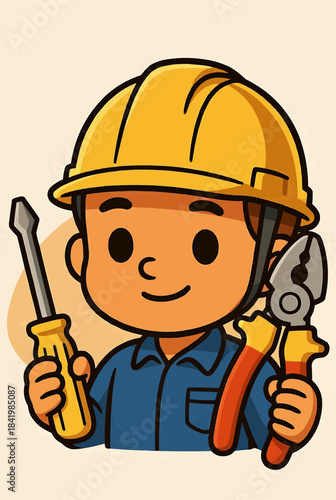 Cartoon Worker with Screwdriver and Pliers Close-Up