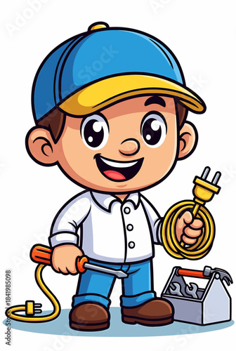 Cheerful Cartoon Electrician with Plug, Screwdriver, and Toolbox