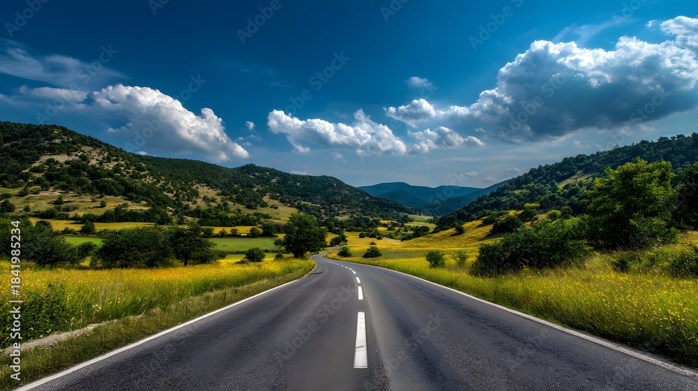 Naklejka premium Empty asphalt road curves through a lush green and yellow valley under a bright blue sky