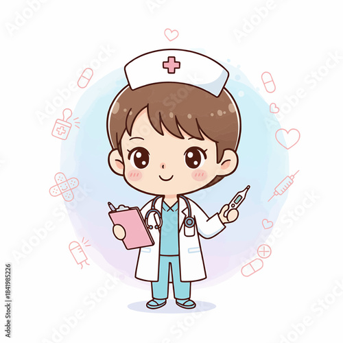Smiling Female Nurse Character with Thermometer and Health Icons