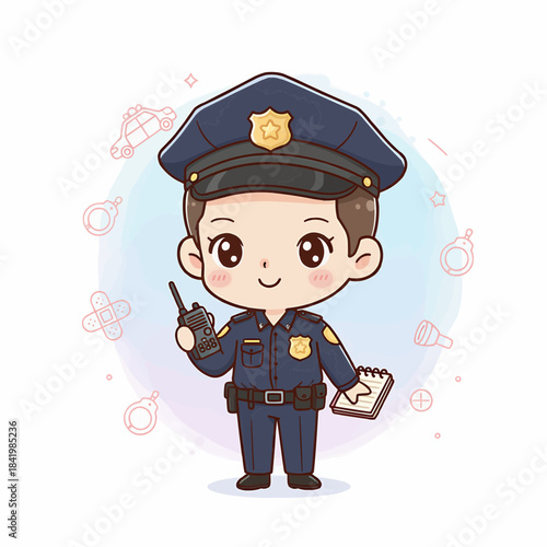 Smiling Male Police Officer Mascot with Radio and Notebook