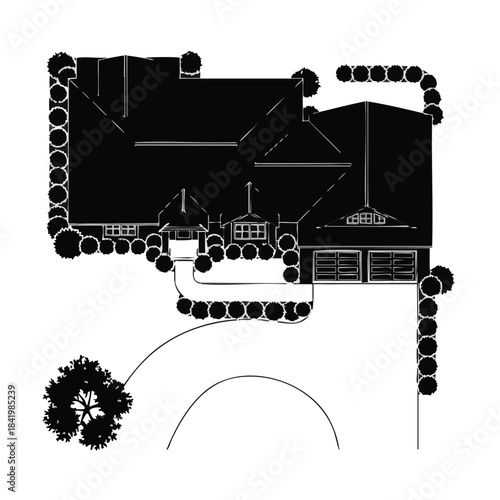Top view architectural plan of a residential house with surrounding landscaping and driveway.