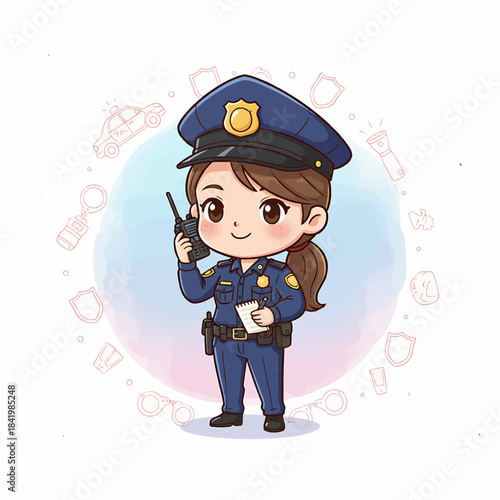 Cute Female Police Officer Character with Radio and Notepad