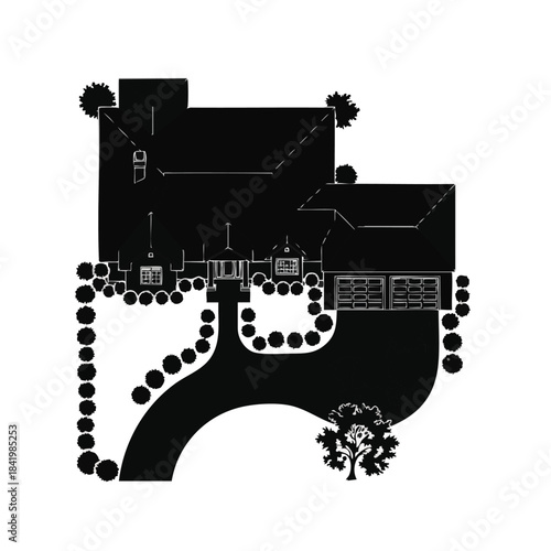 Top view black and white silhouette of a residential house with driveway and surrounding trees.
