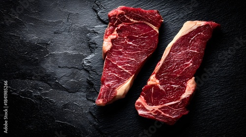 Two raw red beef steaks rest upon a dark textured slate surface