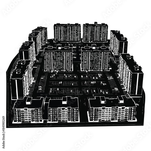 Black and white aerial view of a large residential apartment complex with multiple buildings.