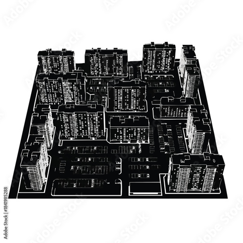 Black and white abstract cityscape model with high-rise buildings and urban layout.