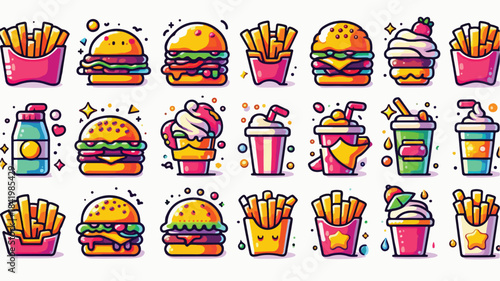 Simple Cute Fast Food Icons Set with Burgers, French Fries, Drinks, and Desserts