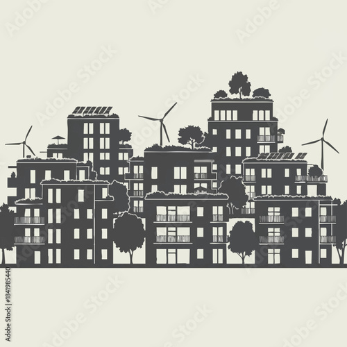 Sustainable urban cityscape with renewable energy and green rooftops.