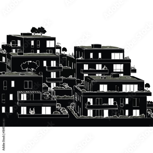 Modern multi-level residential building complex with terraces and greenery.